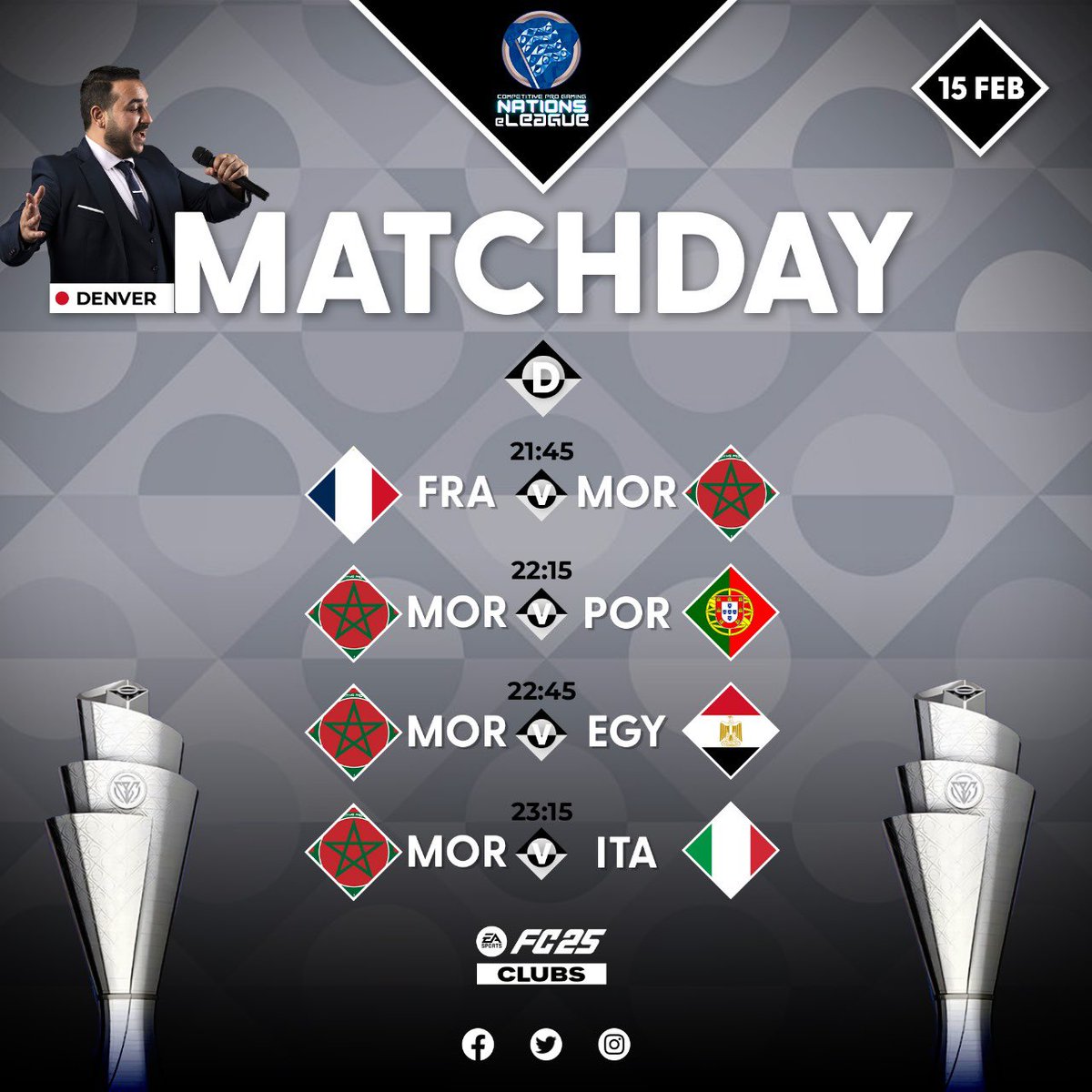 E-Moroccan League (@vpg_eml) on Twitter photo 🏆 Our national team kicks off its journey toward a second title this year through the <a href="/CPG__eSports/">Competitive Pro Gaming</a> Nations eLeague!
📺 Join us for a live broadcast of the matches starting at 21:30 (Moroccan time) with the legend <a href="/DenverCasterMA/">DenverCasterMA</a> ! 🎮🔥 #CPGNations #eFootball 🏆 Our national team kicks off its journey toward a second title this year through the <a href="/CPG__eSports/">Competitive Pro Gaming</a> Nations eLeague!
📺 Join us for a live broadcast of the matches starting at 21:30 (Moroccan time) with the legend <a href="/DenverCasterMA/">DenverCasterMA</a> ! 🎮🔥 #CPGNations #eFootball