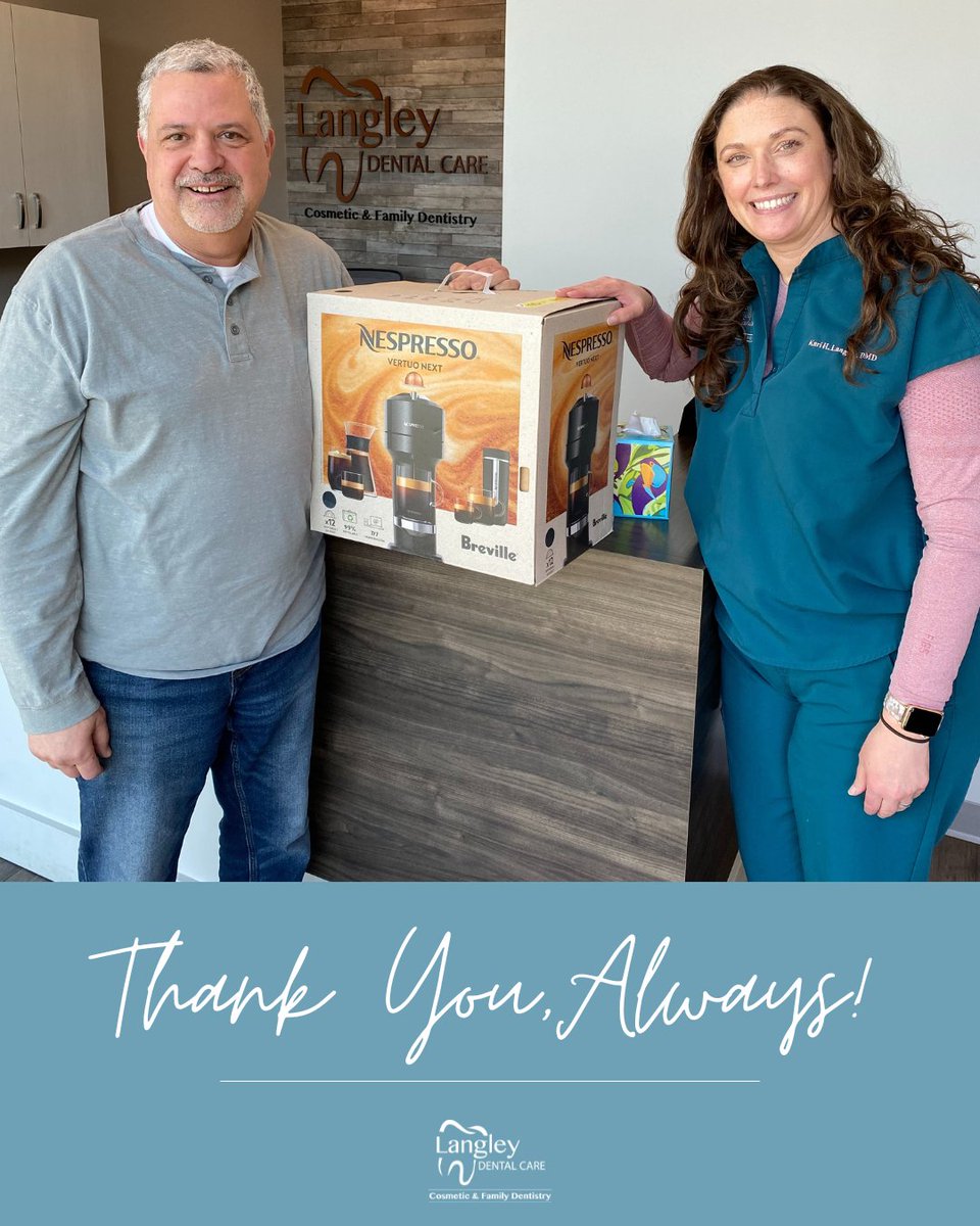 Thank you for being the best part of what we do! We're thrilled to celebrate one of our wonderful patients who just came in to claim their prize from our Patient Appreciation Raffle. Congratulations on winning a brand new Nespresso machine—enjoy every cup!