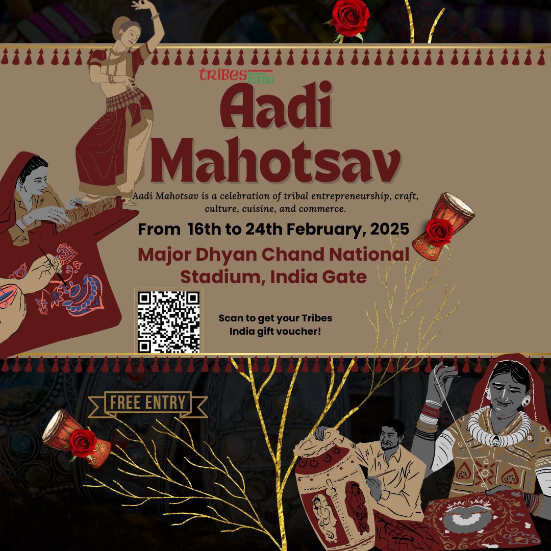 Aadi Mahotsav 2025 is here!🎉
16-24 Feb | Major Dhyan Chand Stadium Delhi
Witness the magic of tribal handicrafts, art, and cuisine.
🎭 Experience live demos  like Aadichitra by skilled artisans &amp; workshops
Entry Free! Don’t miss out!
#AadiMahotsav2025 #TribalTreasure
