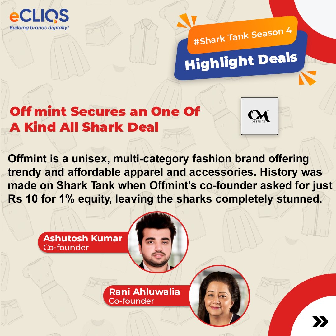EcliqsMarketing's tweet image. 🔥 A Game-Changing Shark Tank Deal! 🔥

Offmint shook up the Sharks with an unbelievable pitch—asking just ₹10 for 1% equity! 
Would you dare to make such a bold pitch? Let us know! ⬇
#SharkTankIndia #StartupJourney #Offmint #BusinessGrowth
