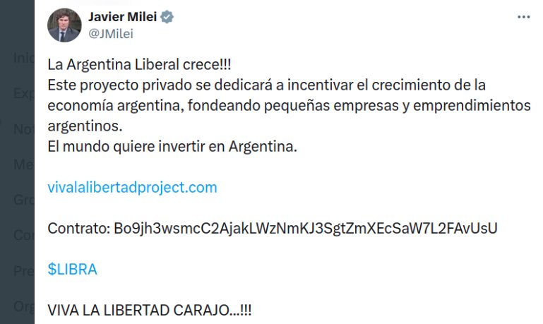 GlodeJo07's tweet image. Estoy impactada con lo sucedido en Argentina con su presidente Javier Milei y la estafa multimillonaria que promocionó en su cuenta de Twitter. 
Para los que no saben les cuento un poquito.
Resulta que @JMilei publicó este tuit en donde invitaba a invertir en esta cripto y mucha,…