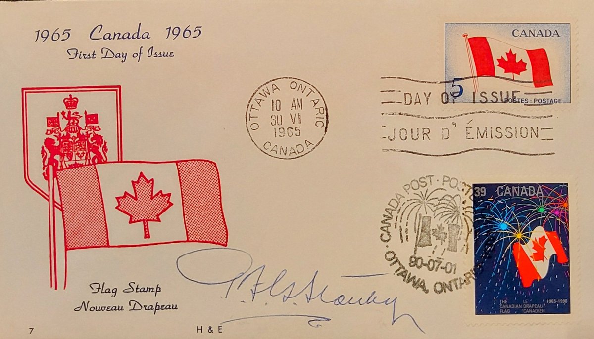 zekus's tweet image. It's National Flag Day in Canada today 🇨🇦. To celebrate the flag's 60 years, here is a postal 1st day cover from 1965 to commemorate the birth of the flag. In 1990, the designer of the flag, Dr. George Stanley, kindly signed the envelope for me. Happy Flag Day 🇨🇦.