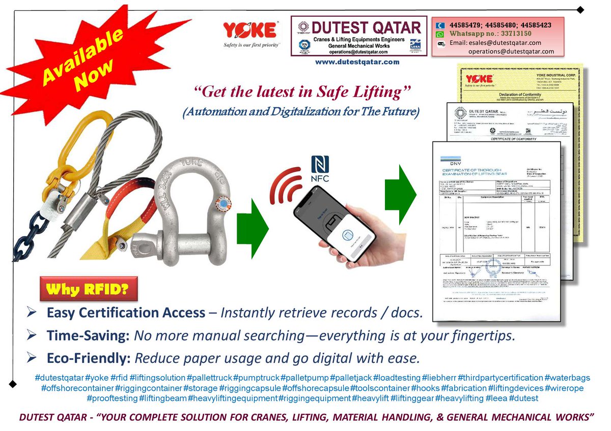 AVAILABLE NOW: RFID from M/s YOKE. Call or 'whatsapp' us at 33713150. #dutestqatar #yoke #rfid #liftingsolution #pallettruck #pumptruck #palletpump #palletjack #loadtesting #liebherr #thirdpartycertification #waterbags #offshorecontainer dutestqatar.com