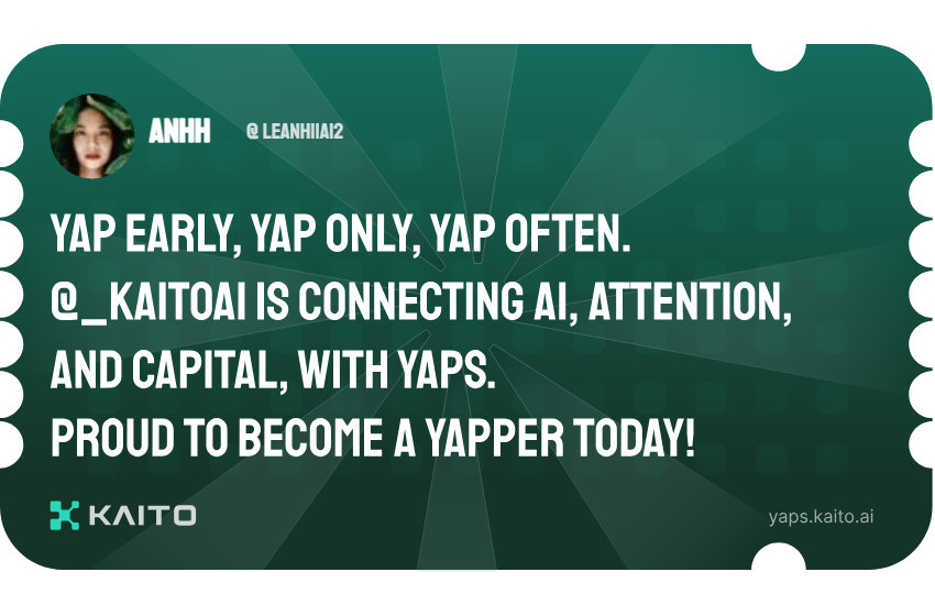 leanh11a12's tweet photo. Yap early, yap only, yap often.

@_kaitoai is connecting AI, attention and capital with Yaps.

Just claimed my social card and I'm accumulating Yap points in real-time.

Claim yours 👉 https://t.co/Aw2nTRvGwI https://t.co/hkS9qlzXwS