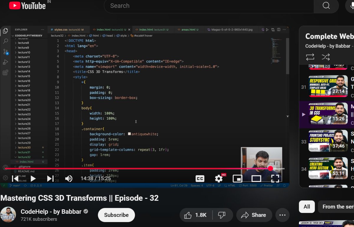 Het836's tweet image. Day 5 of #100DaysOfCode
Completed video no. 32
Learning: 3-D transform in CSS
#webdevlopment
#100dayofcoding
#100daycodingchallange
#makeeverydaybetter