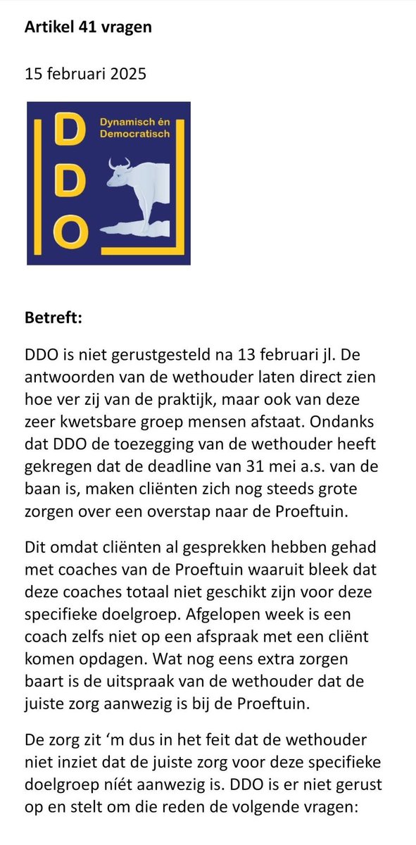 DDO_0412's tweet image. ▪︎PROEFTUIN▪︎ DDO is uiterst ontevreden over de gang van zaken bij de Proeftuin v.w.b. specialistische zorg voor een specifieke doelgroep. DDO stelt dan ook vragen aan de wethouder. 👇 #proeftuin #autisme #ddo
1/2
