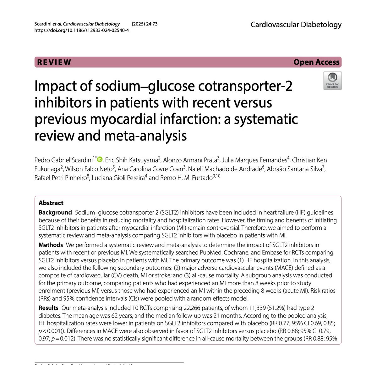 🚨 Exciting news! Our meta-analysis on SGLT2i in MI patients has been accepted for publication in Cardiovascular Diabetology! 

🔎 Key findings:
✅ SGLT2i reduced MACE events &amp; heart failure hospitalizations
✅ Supports broader use post-MI

Grateful to my co-authors &amp; mentors!🙌