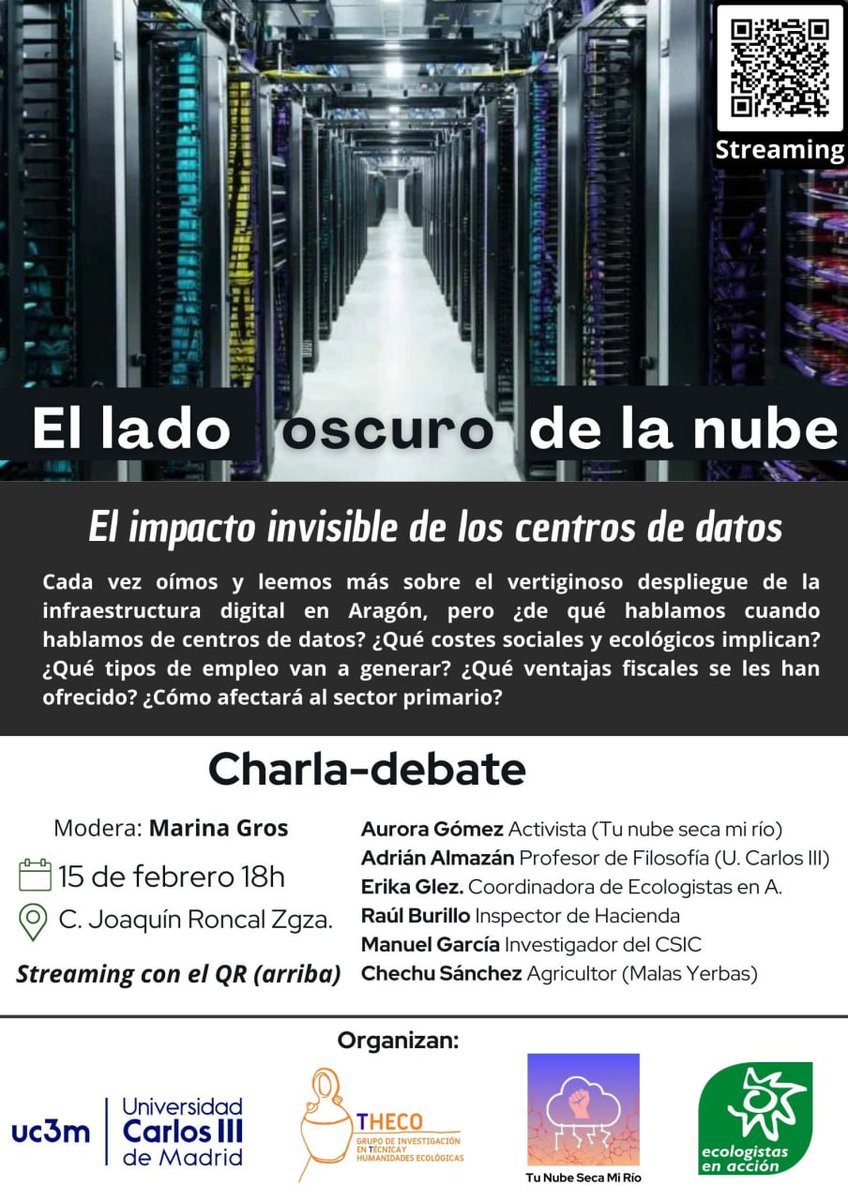 EL LADO OSCURO DE LA NUBE    
🔸¿ De qué hablamos cuando hablamos de #centrosdedatos?  
🔸¿Sus costes ecológicos y sociales? 
🔸 ¿Empleos que generan?   
🔸¿Ventajas fiscales?  
Este sábado 1️⃣5️⃣ de febrero 18 h.

Podrá seguirse por streaming.  💚💚💚💚
fundacioncai.es/page/streaming…