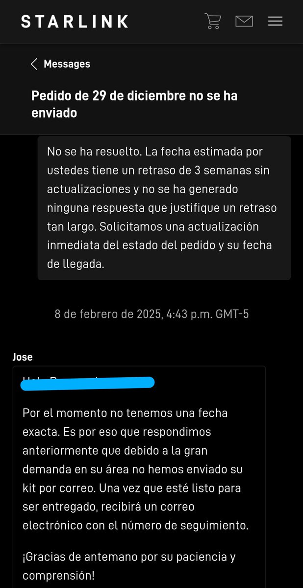 LeoGuiza's tweet image. Tanks #Techsuport, maybe you can help to deliver the Starlink kit paid in December 19 and not shipped yet. No date of deliver actualization and no satisfied response on tickets. 6 weeks waiting since I paid. @Starlink @SpaceX