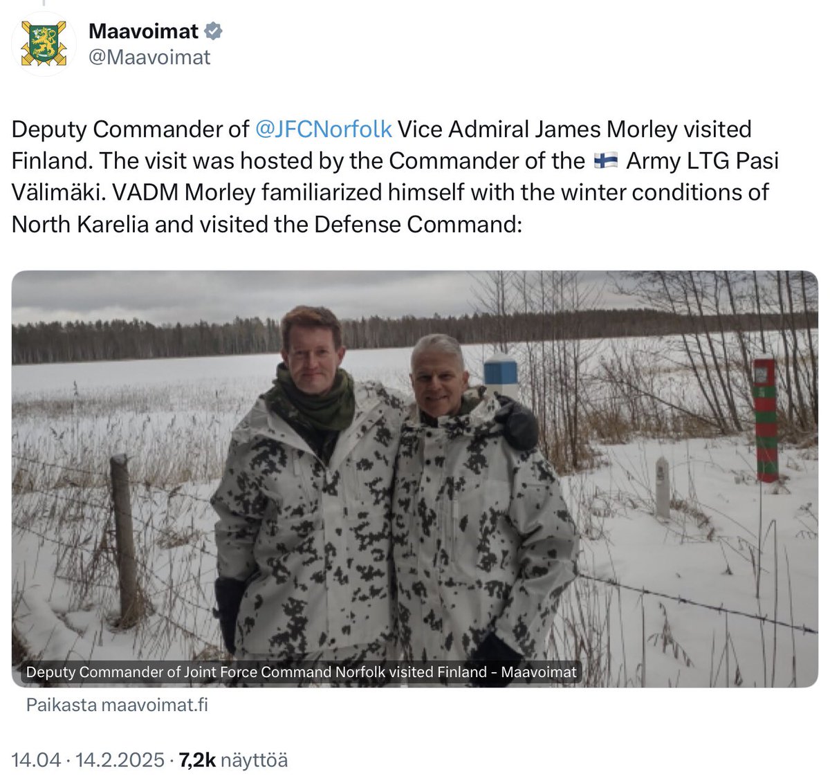Matti Pitkäniitty (@mpitkaniitty) on Twitter photo Huikea viikko takana, joka huipentui sotilasvalaan Liperin kirkossa. Viikon aikana:
Henkilökunta harjoitteli välineellistetyn maahantulon torjuntaa, upseerikokelaamme oli RUK:n kurssin priimus, alokkaat hiihtivät valamarssin rajalla ja meillä kävi paljon vieraita.
<a href="/PKarjalan_raja/">P-Karjalan raja</a> Huikea viikko takana, joka huipentui sotilasvalaan Liperin kirkossa. Viikon aikana:
Henkilökunta harjoitteli välineellistetyn maahantulon torjuntaa, upseerikokelaamme oli RUK:n kurssin priimus, alokkaat hiihtivät valamarssin rajalla ja meillä kävi paljon vieraita.
<a href="/PKarjalan_raja/">P-Karjalan raja</a>