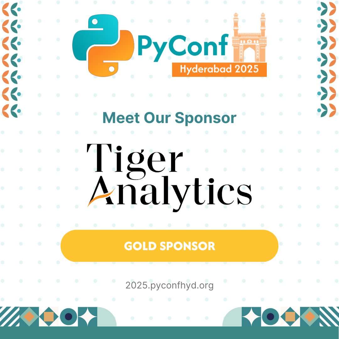pyconfhyd's tweet image. 🎉We're thrilled to announce Tiger Analytics as our Gold Sponsor for #PyConfHyd2025! @TigerAnalytics is a global AI & analytics leader, helping Fortune 1000 companies solve complex challenges with full-stack solutions.
Checkout the blog for more details - 2025.pyconfhyd.org/blogs/tiger-an…