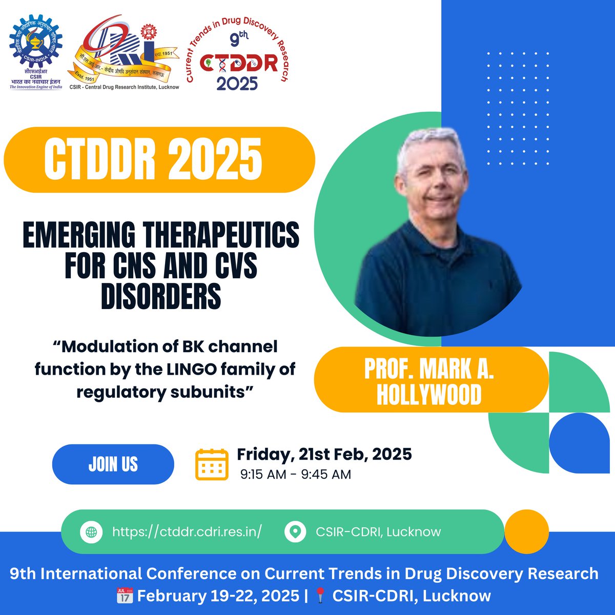 🚀 2 Days to Go! #CTDDR2025 🔬✨

We <a href="/CSIR_CDRI/">CSIR-CDRI</a>  are thrilled to host Prof. Mark A. Hollywood from <a href="/DkIT_ie/">DkIT</a>  for a talk on:

🎤 Modulation of BK Channel Function by the LINGO Family of Regulatory Subunits

Stay tuned! 

#DrugDiscovery <a href="/CSIR_IND/">CSIR, India</a>