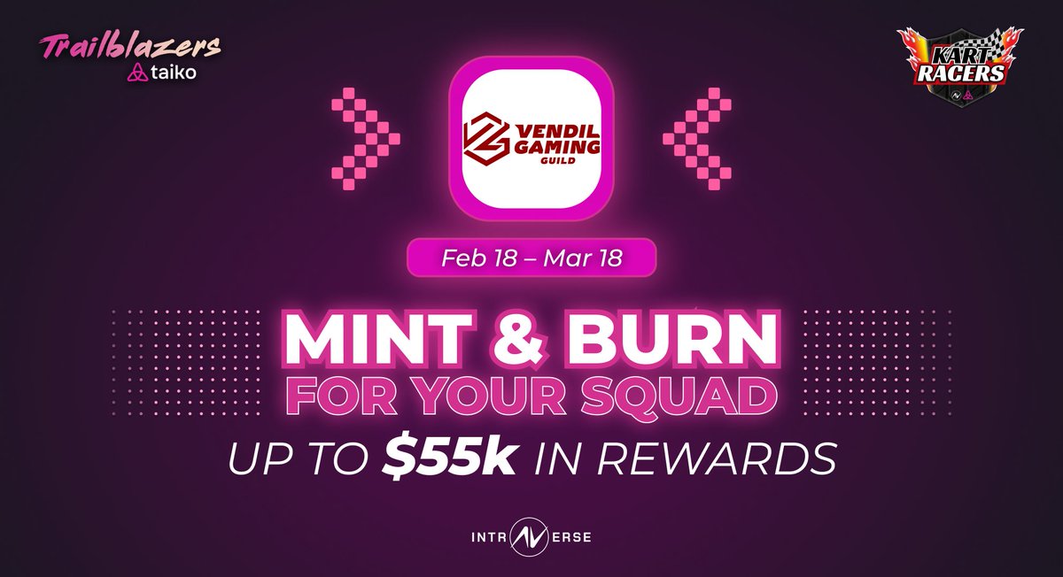 Free mint. Big rewards. Let’s pump it! 🤑 

We're IN the $55K #KartRacers X Trailblazers mint battle! 🎉 

1⃣ Mint your Nitro Pass on Feb 18, 6PM CET 👉 play.intraverse.io 

2⃣ Burn NFTs to farm points 

3⃣ 70% rewards to top players and projects if <a href="/intraVerse_Game/">Intraverse</a> hits TOP