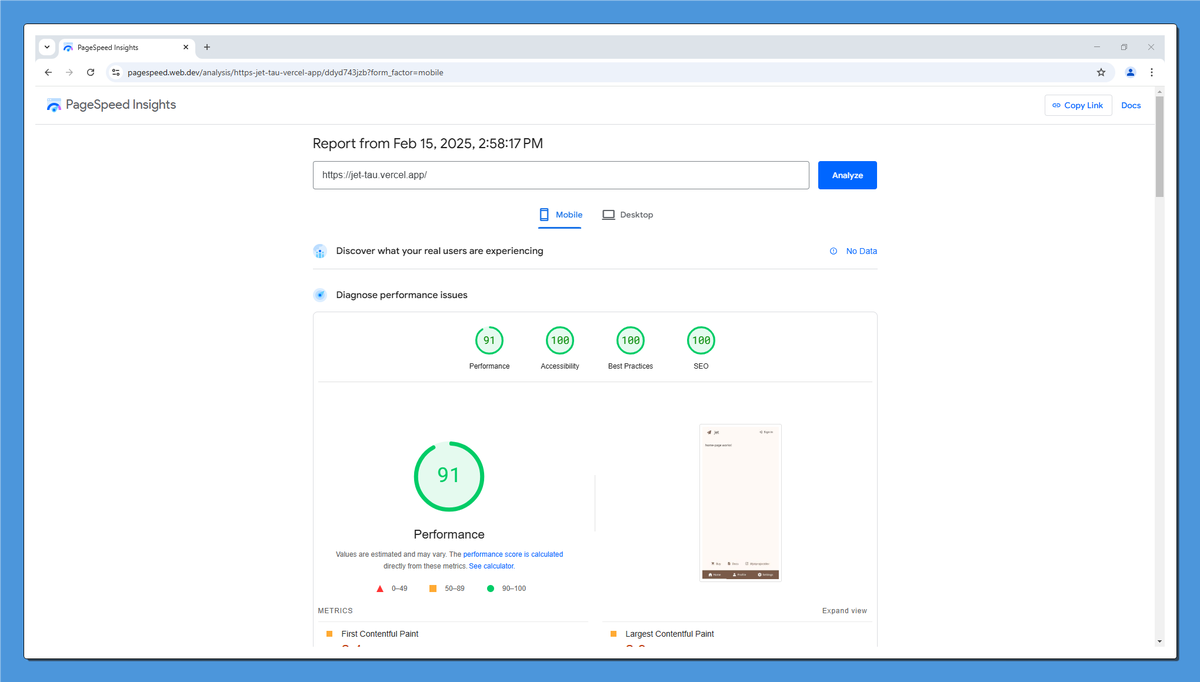 jetprojectdev's tweet photo. PageSpeed Insights (Mobile): https://t.co/eEB27POL0H https://t.co/7PPn2Y2nG7