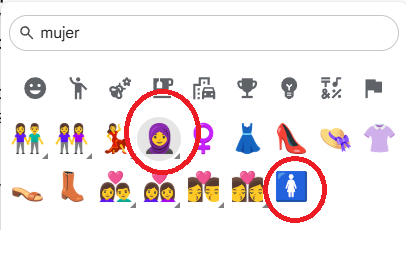 BUSCAS EMOJI MUJER EN GOOGLE DOCS LA MUJER TIENE QUE SER CON VELO, UNA FLAMENCA O CON FALDILLA... ASI UNA MUJER TAL Y COMO YO LA TENGO EN MENTE..... NO HAY.