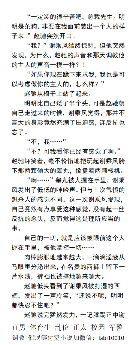 KellyBurkes's tweet photo. 《催眠精英总裁成脚下狗》
篮球鞋底摩擦着西装裤裆。
赵驰握住了谢乘风刚被调教射精的鸡巴。
男性骄傲就这样被一个高中男生握在手里。
人前光鲜亮丽，人后却是贱狗。
反差男人、调教帅哥、玩弄直男、父子乱伦、
《男男小说看图4，微X: lmyp9876》
①点赞、转发主页的置顶推文 ②和此推文发w信送此本。 https://t.co/5aY6DSOPVL