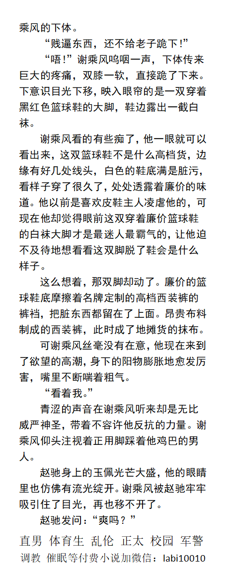 KellyBurkes's tweet photo. 《催眠精英总裁成脚下狗》
篮球鞋底摩擦着西装裤裆。
赵驰握住了谢乘风刚被调教射精的鸡巴。
男性骄傲就这样被一个高中男生握在手里。
人前光鲜亮丽，人后却是贱狗。
反差男人、调教帅哥、玩弄直男、父子乱伦、
《男男小说看图4，微X: lmyp9876》
①点赞、转发主页的置顶推文 ②和此推文发w信送此本。 https://t.co/5aY6DSOPVL