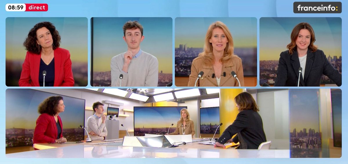 mayerdom's tweet photo. Les retrouvailles de la Team #LCP sur @franceinfo  ce matin dans #Lapolitiqueseclaire @boucherbrigit @adevillaines @MEMalouines 😉 https://t.co/u6l4wOnlTM