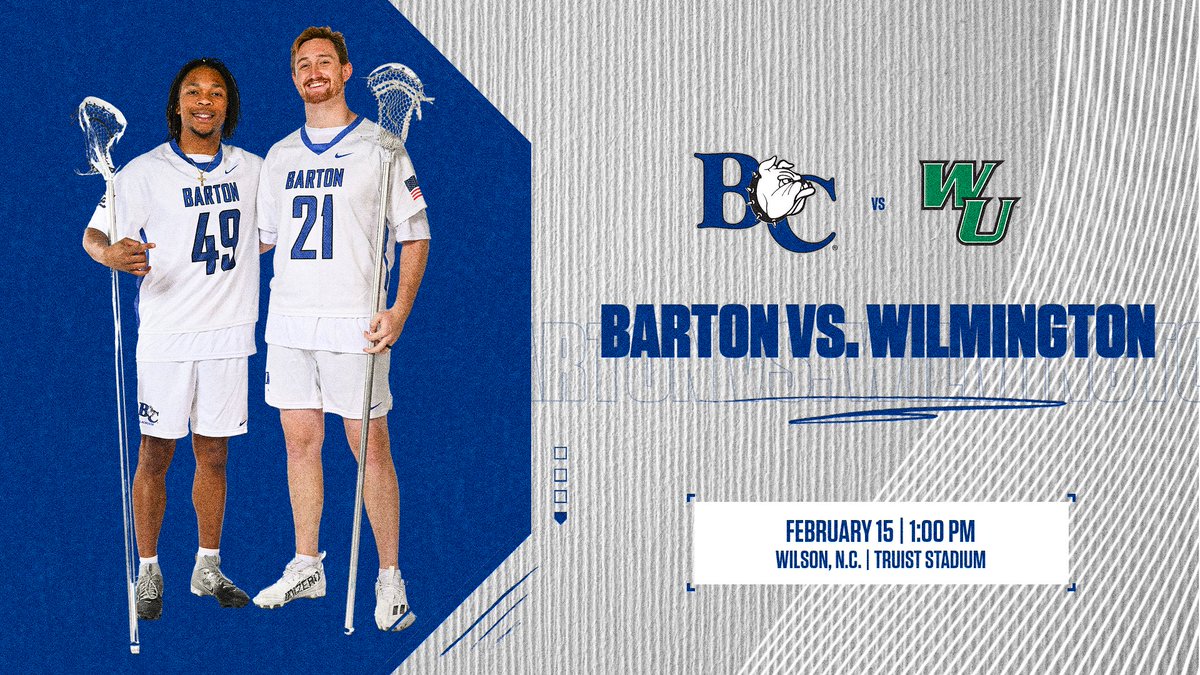 GAME DAY!
🥍: Barton vs. Wilmington
📍: Wilson, N.C. (Truist Stadium)
🕰️: 1⃣:0⃣0⃣ p.m.
🎟️📹📊: bartonbulldogs.com
#BartonBold . #BCBulldogs . <a href="/barton_menslax/">Barton Men’s Lacrosse</a>
