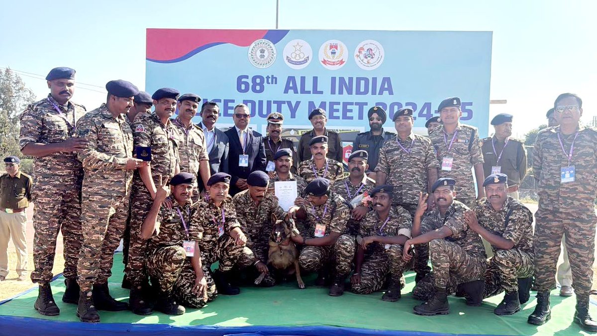 DBTS_CRPF's tweet photo. "🐕‍🦺 Golden Paws of Glory! 🏅 | Pawsome Victory! 🥇

CRPF’s K9 Baisha wins GOLD in Narcotics category at the 68th All India Police Duty Meet 2025, Ranchi—a proud moment for the Force.
Kudos to the K9 team for their relentless hard work! 

#K9Baisha #CRPF #DBTS #AIPDM2025 https://t.co/qenRPPlNFG
