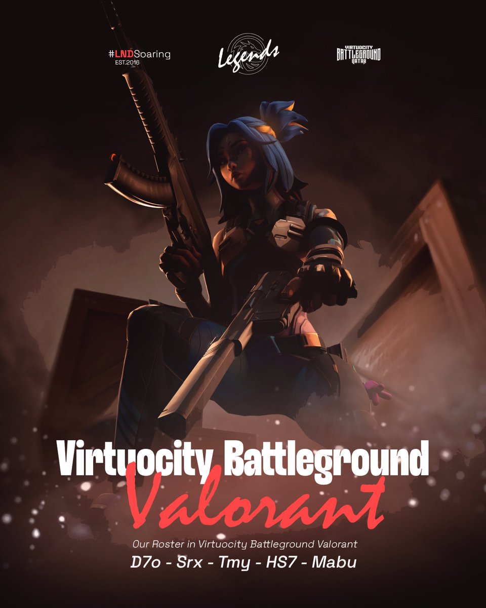 Legends Esports | LND (@lnd_esp) on Twitter photo Weโre thrilled to announce our Valorant roster for the Virtuocity Battleground tournament! Join us in cheering on our team as they compete in Doha for a share of the $20,000 prize pool. Let the battles begin!
๐| @soloMabuchi 
๐| <a href="/vHS7_/">Hussain</a> 
๐| <a href="/AloneRooTval/">Tmy</a> 
๐| <a href="/ImNotD7o/">ImNotD7o</a> 
๐| Weโre thrilled to announce our Valorant roster for the Virtuocity Battleground tournament! Join us in cheering on our team as they compete in Doha for a share of the $20,000 prize pool. Let the battles begin!
๐| @soloMabuchi 
๐| <a href="/vHS7_/">Hussain</a> 
๐| <a href="/AloneRooTval/">Tmy</a> 
๐| <a href="/ImNotD7o/">ImNotD7o</a> 
๐|