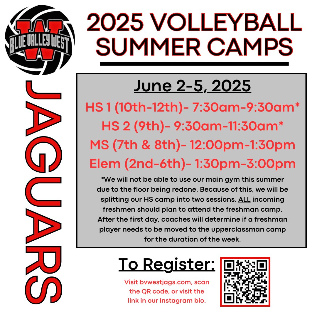 Jess Horstick (@coachhorstick) on Twitter photo SUMMER CAMP REGISTRATION IS OPEN!
Due to some work being done in our main gym this summer, it will not be available for camp and we will be using our new Aux gym!
Scan the QR code to register or visit the link in bio!
Contact jhorstick@bluevalleyk12.org with any questions! SUMMER CAMP REGISTRATION IS OPEN!
Due to some work being done in our main gym this summer, it will not be available for camp and we will be using our new Aux gym!
Scan the QR code to register or visit the link in bio!
Contact jhorstick@bluevalleyk12.org with any questions!