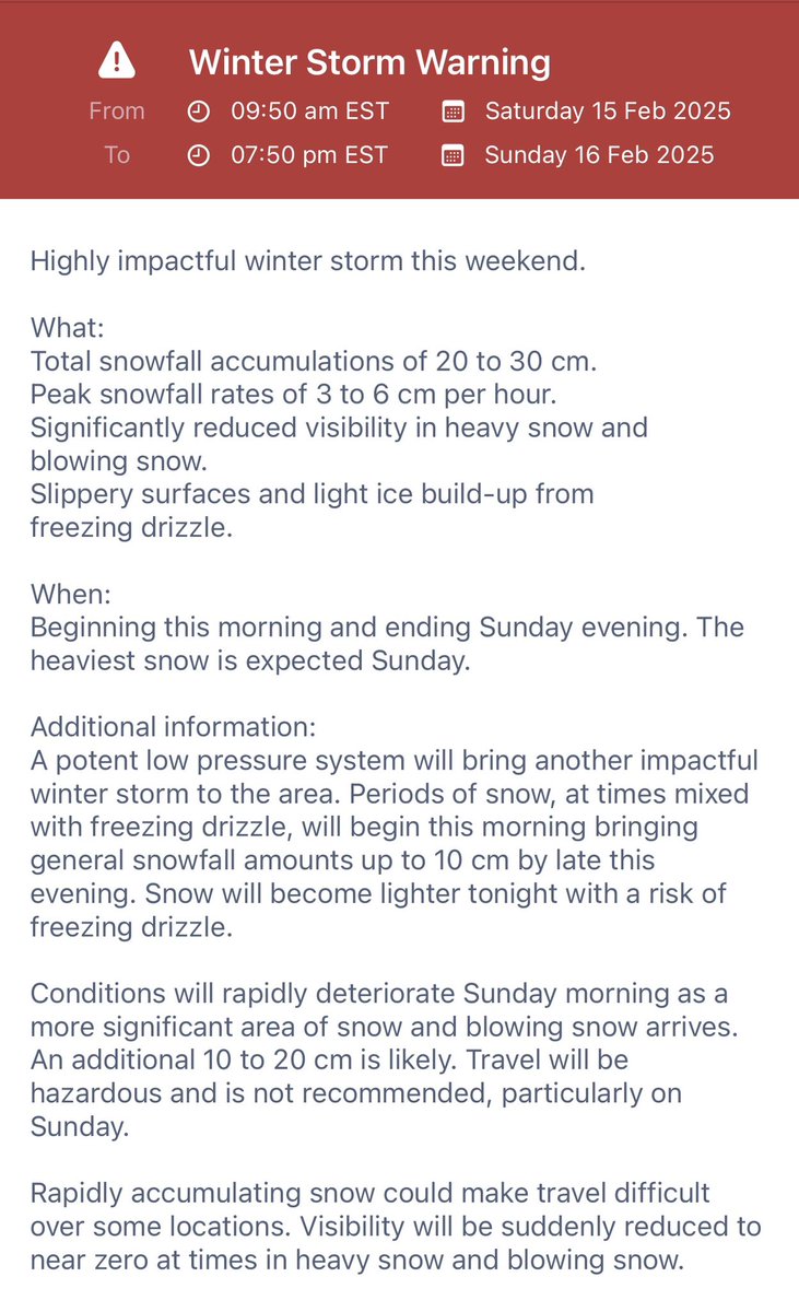 Winter Storm Warning in place for WR and St. Marys/Stratford areas. Up to 30cm of snow on the way! #ONStorm