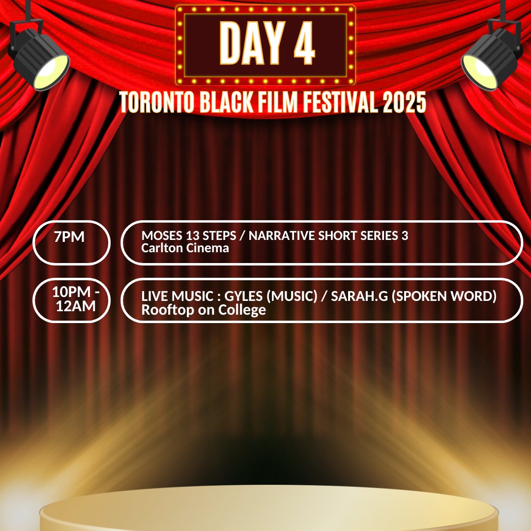Here’s what’s happening today at #TBFF! Don’t miss out on incredible films, special screenings, and exclusive events. 

Stay tuned! Check back  for updates! 🎥🔥  
You can still grab your tickets at TorontoBlackFilm.com! 🎟️  
 #FilmFestival #TorontoBlackFilm #Torontoevents
