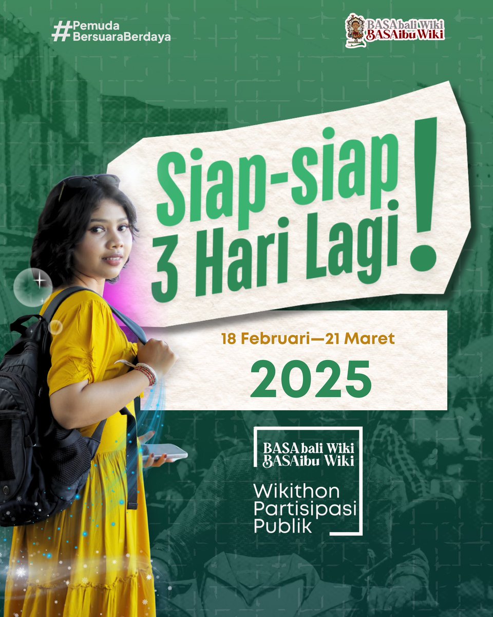 3 hari lagi!🤩
Lomba Wikithon akan segera dimulai! 
Apakah kamu sudah siap?☝️

basabaliwiki.org

#Pemuda #Bersuara #Berdaya 
#Wikithonpartisipasipublik