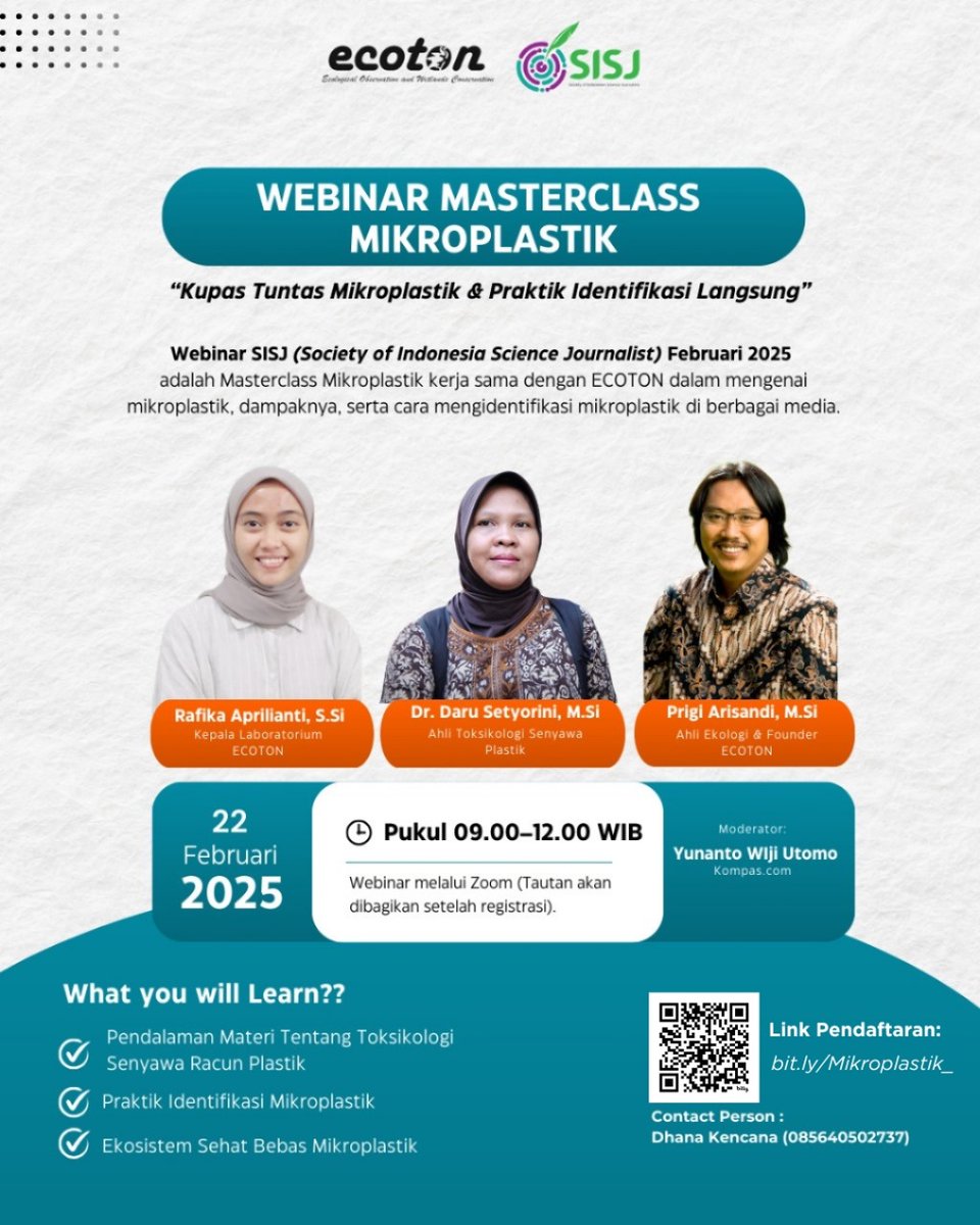 📢 WEBINAR MASTERCLASS MIKROPLASTIK: PAHAMI DAMPAK &amp; SOLUSINYA!

Tahukah kamu? Mikroplastik sudah ada di air, udara, makanan, bahkan tubuh kita! Bagaimana ini bisa terjadi? Apa dampaknya bagi kesehatan dan lingkungan?

Mari cari tahu jawabannya dalam webinar kali ini yang akan