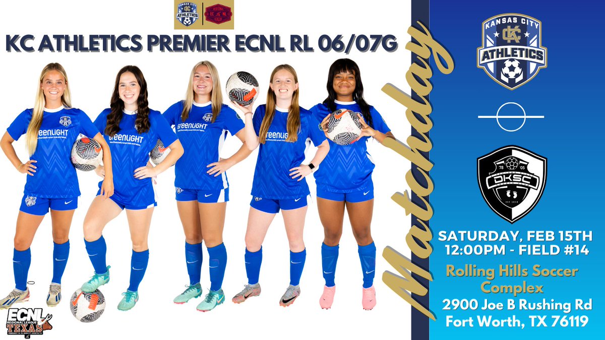 KC Athletics Academy Premier 06/07 ECNL RL (@kca07ecnlrl) on Twitter photo GAME 2 in TX!! Come check us out at noon!! 🤠
🆚 DKSC
📍Rolling Hills Soccer Complex - Field #14
⏰12:00 PM
<a href="/Mattandemma1/">Matt Gordon</a> <a href="/AthleticsKC/">KC Athletics Soccer Club</a> <a href="/AthleticsKCECNL/">KC Athletics ECNL</a>
<a href="/HSSoccerKC/">SoccerKC</a> <a href="/ImYouthSoccer/">ECNL/GA/Recruiting/College Soccer</a> <a href="/ImCollegeSoccer/">College Soccer Truth ™</a> <a href="/TopDrawerSoccer/">TopDrawerSoccer</a> <a href="/MarcusKelcher/">Marcus Kelcher</a> <a href="/TheSoccerWire/">SoccerWire</a>
<a href="/ECNLgirls/">ECNL Girls</a> #ecnlrlkc GAME 2 in TX!! Come check us out at noon!! 🤠
🆚 DKSC
📍Rolling Hills Soccer Complex - Field #14
⏰12:00 PM
<a href="/Mattandemma1/">Matt Gordon</a> <a href="/AthleticsKC/">KC Athletics Soccer Club</a> <a href="/AthleticsKCECNL/">KC Athletics ECNL</a>
<a href="/HSSoccerKC/">SoccerKC</a> <a href="/ImYouthSoccer/">ECNL/GA/Recruiting/College Soccer</a> <a href="/ImCollegeSoccer/">College Soccer Truth ™</a> <a href="/TopDrawerSoccer/">TopDrawerSoccer</a> <a href="/MarcusKelcher/">Marcus Kelcher</a> <a href="/TheSoccerWire/">SoccerWire</a>
<a href="/ECNLgirls/">ECNL Girls</a> #ecnlrlkc