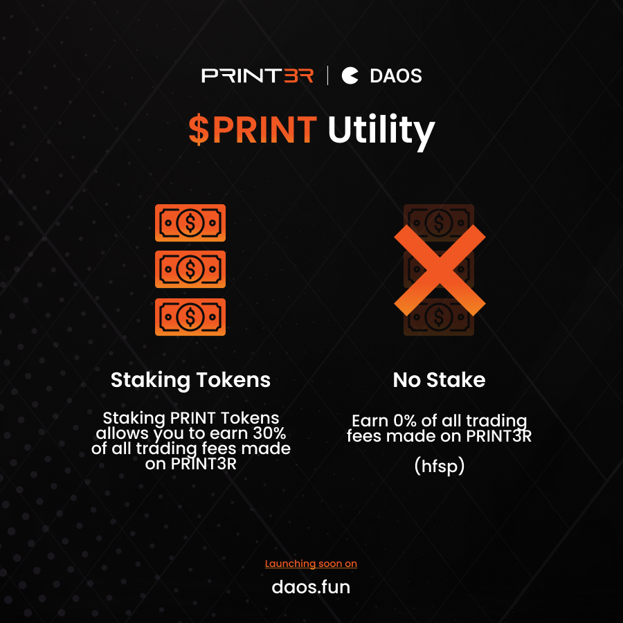 $PRINT tokens will initially offer 2 core utilities:

1. Revenue Share - 30% of all of the revenue generated by the platform will be distributed directly to holders.

2. Governance - Holders will get direct control over the future decisions on the platform's direction.