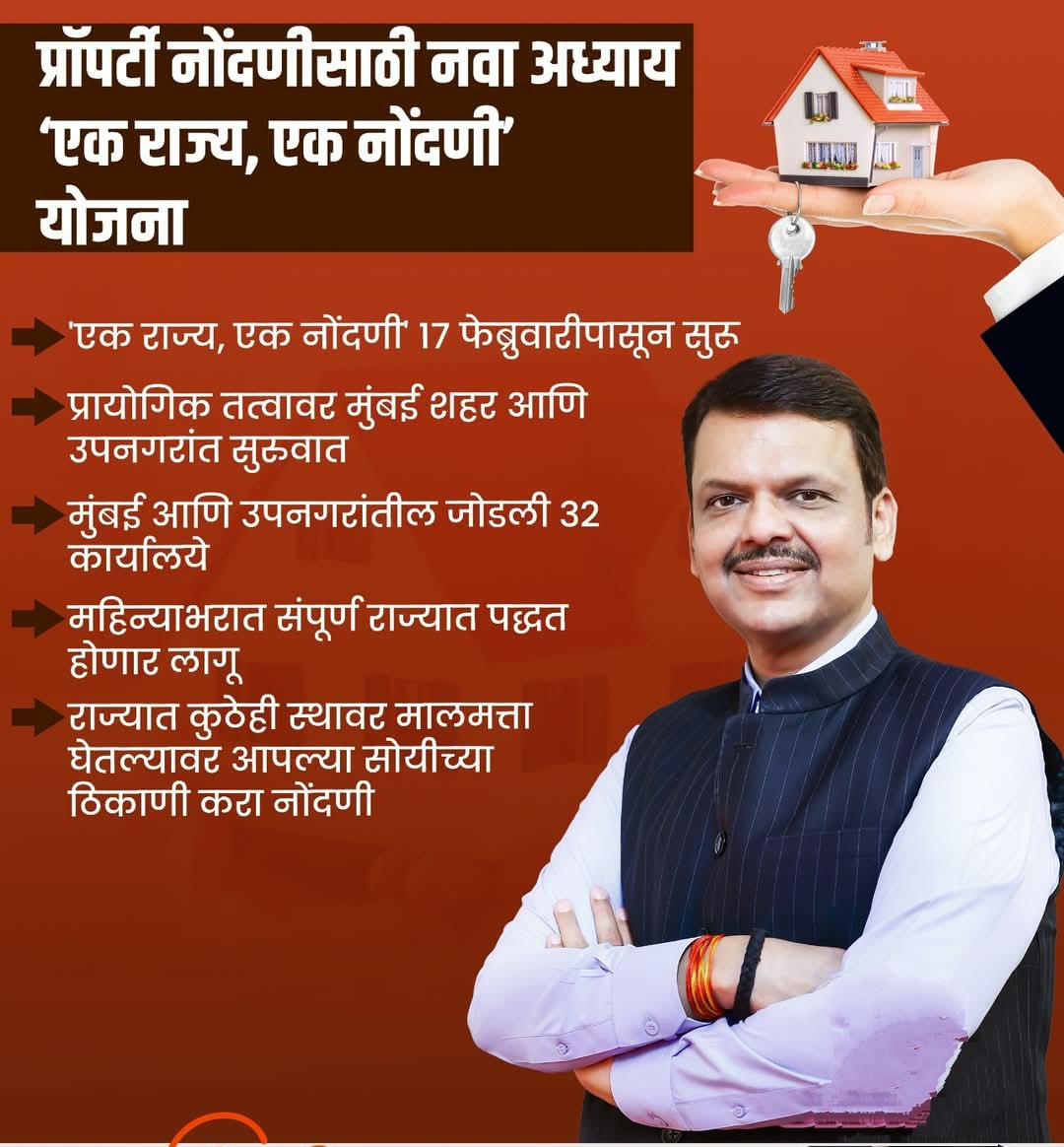 Now property can be registered at any place in the state. Will start on trial basis from 17th Feb 2025 in Mumbai city and suburbs. 32 office s of sub registrar linked to it .
<a href="/Dev_Fadnavis/">Devendra Fadnavis</a>