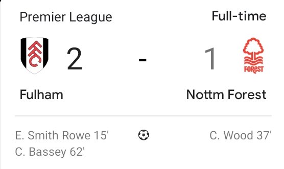 90s_Island's tweet photo. FT
Fulham 2:1 Nottingham Forest. 
Thanks to wood's equaliser but still Forest was burnt 😅😅😅💯⚽️
#EPL
#FULNOT https://t.co/vyfnHaplA6