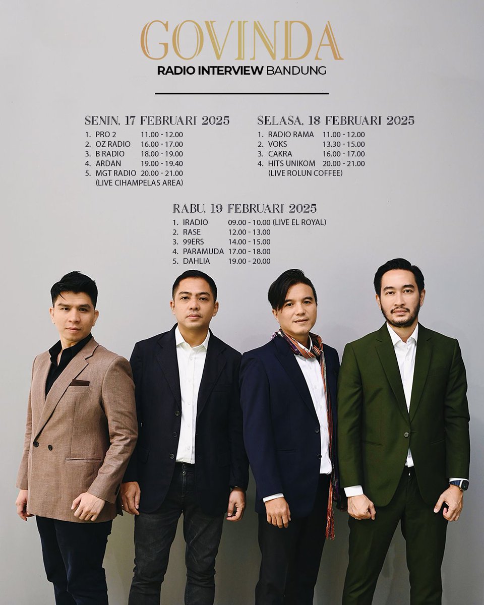 Govinda akan promo radio di Bandung!!

Nggak sabar keliling radio di Bandung dan bertemu teman-teman penyiar untuk berbincang seputar single 'Pilihlah Aku' dalam album Govinda Live Studio Session - London 2023

Kota Bandung kamj akan datang🏃‍♂️💨💨