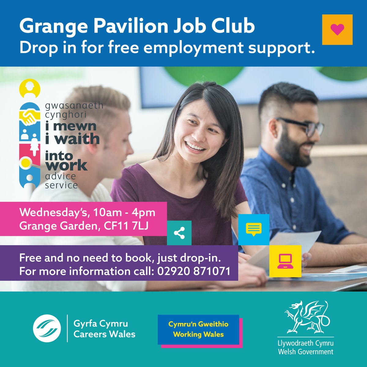 Working Wales (@workingwales) on Twitter photo Are you looking for employment support?
We’re working with <a href="/IntoWorkCardiff/">Into Work Advice Service</a> to offer weekly drop-in sessions 😎
📅Wednesday’s, 10am – 4pm
📍Grange Garden, CF11 7LJ
Free to attend, no need to book.
See you there👋
#CareersAdvice Are you looking for employment support?
We’re working with <a href="/IntoWorkCardiff/">Into Work Advice Service</a> to offer weekly drop-in sessions 😎
📅Wednesday’s, 10am – 4pm
📍Grange Garden, CF11 7LJ
Free to attend, no need to book.
See you there👋
#CareersAdvice