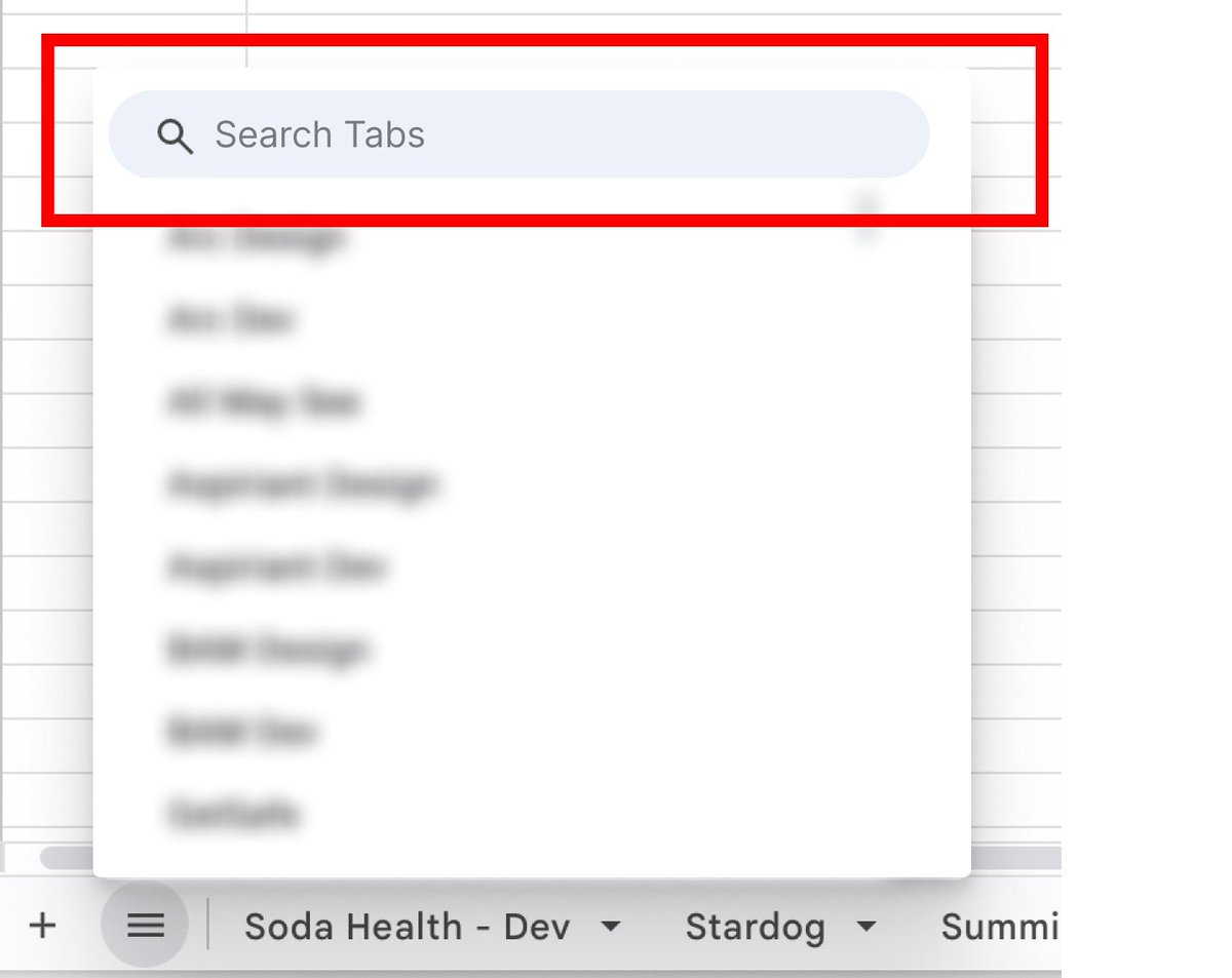 dbox's tweet image. Anyone have a contact on the @googlesheets ux team? Adding a quick search to the tabs menu would be so useful / timesaving  //cc @juananorga