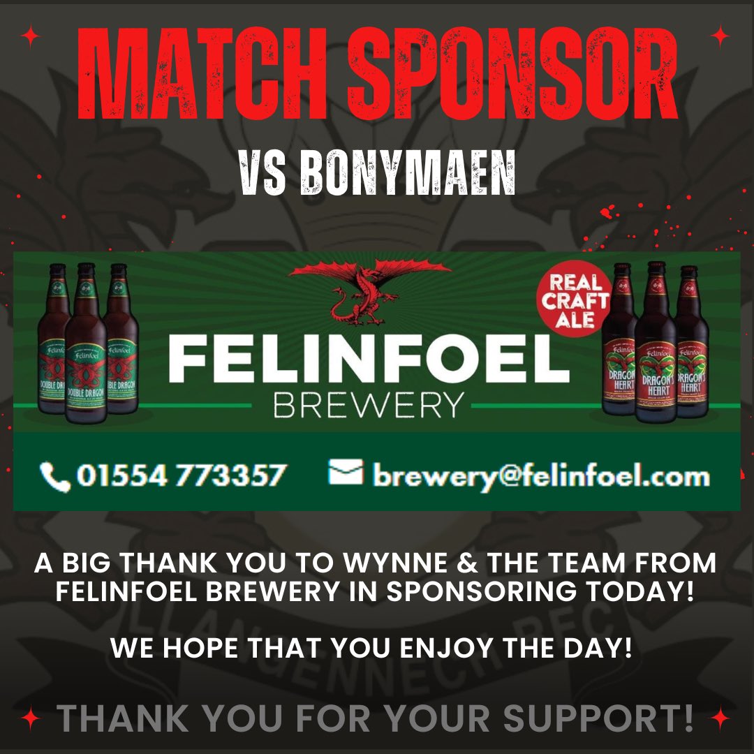Llangennech RFC (@rfcllangennech) on Twitter photo βοΈMATCHDAY SPONSORβοΈ
A BIG thank you to <a href="/FelinfoelAles/">Felinfoel Brewery</a> for todayβs match sponsorship!
To Wynne & the team, we hope that you enjoy the day!
β«οΈπ΄βͺοΈ βοΈMATCHDAY SPONSORβοΈ
A BIG thank you to <a href="/FelinfoelAles/">Felinfoel Brewery</a> for todayβs match sponsorship!
To Wynne & the team, we hope that you enjoy the day!
β«οΈπ΄βͺοΈ