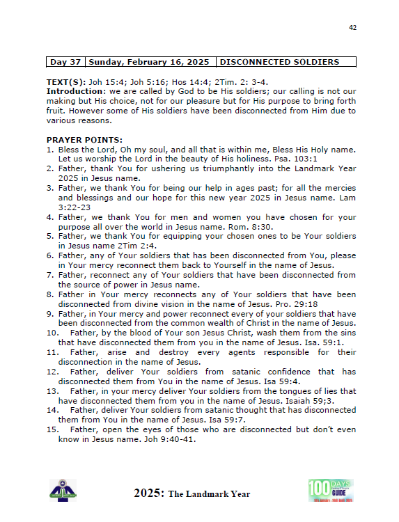 RCCG 100 DAYS FASTING
DAY 37: SUNDAY 17 FEBRUARY 2025
DISCONNECTED SOLDIERS
#RCCGPR #RCCGPretoria #RCCGMountZion #rccgmountzionpretoria #mountzion #Prayers #fasting #100DaysFasting