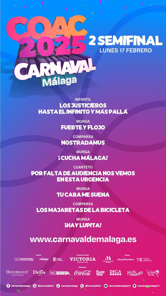 murga_torrole's tweet photo. El lunes volvemo a postureá en el chiringuito ‘Playa Shula’. Os esperamos para que nos dei vuestro caloh 🔥💪

Y muchos fueguitos para los que se han quedado en el camino, en la calle la liamo 🆎

#coacmlg #carnaval @CarnavalMLG #murga #fuerteyflojo #semifinales #cervantes https://t.co/9juOgzT9O3