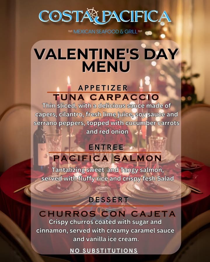 Missed Valentine’s Day? No worries! 💖 

Celebrate today or tomorrow with our three-course dinner for $39.99:
𝙋𝙖𝙘𝙞𝙛𝙞𝙘𝙖 𝙎𝙖𝙡𝙢𝙤𝙣  
𝙏𝙪𝙣𝙖 𝘾𝙖𝙧𝙥𝙖𝙘𝙘𝙞𝙤  
𝘾𝙝𝙪𝙧𝙧𝙤𝙨 𝙬𝙞𝙩𝙝 𝘾𝙖𝙟𝙚𝙩𝙖

Call (210) 794-9970 to reserve your spot! Available till Feb 16.
