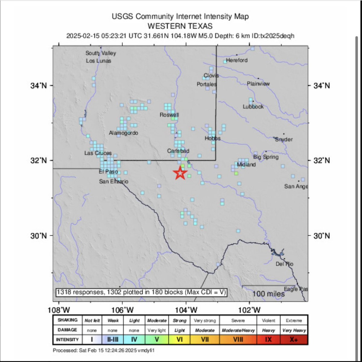 This shaking map indicates squares where the USGS has received a report of shaking, and its intensity.