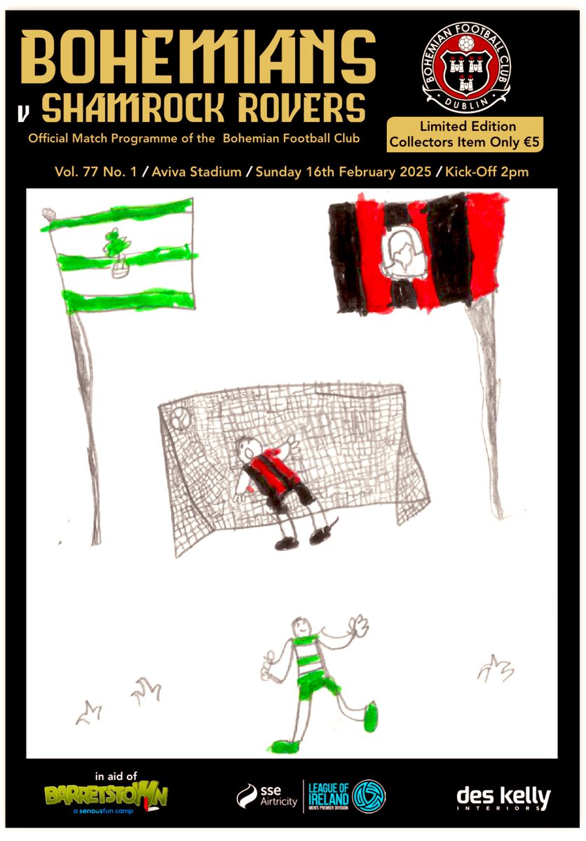 Bohemian Football Club (@bfcdublin) on Twitter photo The match programme for our opening league game of the season at Aviva Stadium tomorrow is a very special edition.
All proceeds from the programme sales will go to <a href="/Barretstown/">Barretstown</a> with the front cover designed by Conor Concannon age 8.
The programme has several Bohs feature The match programme for our opening league game of the season at Aviva Stadium tomorrow is a very special edition.
All proceeds from the programme sales will go to <a href="/Barretstown/">Barretstown</a> with the front cover designed by Conor Concannon age 8.
The programme has several Bohs feature