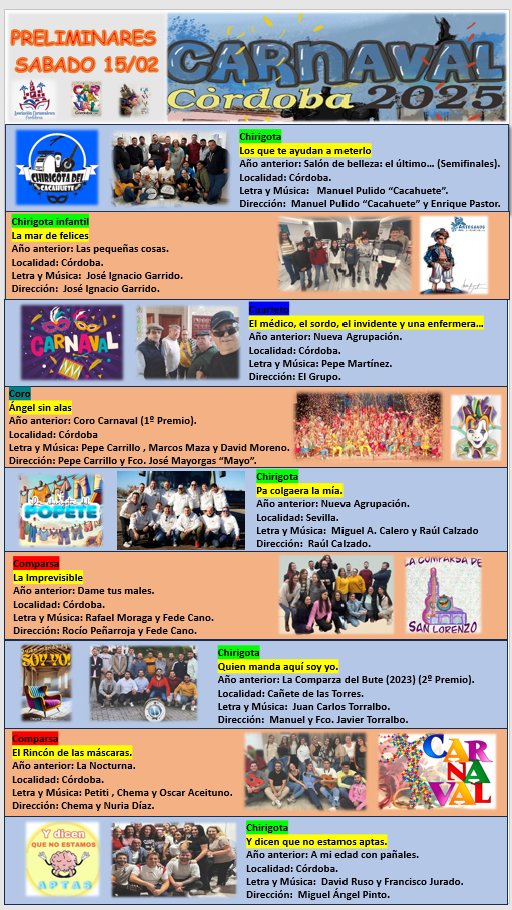 Hoy tenemos la 5ª Preliminar en la que destacamos la presencia del único Coro en las tablas "Ángeles sin alas" y la llegada de una chirigota de Cañete de las Torres  y de Sevilla. #carnavaldecordoba2025