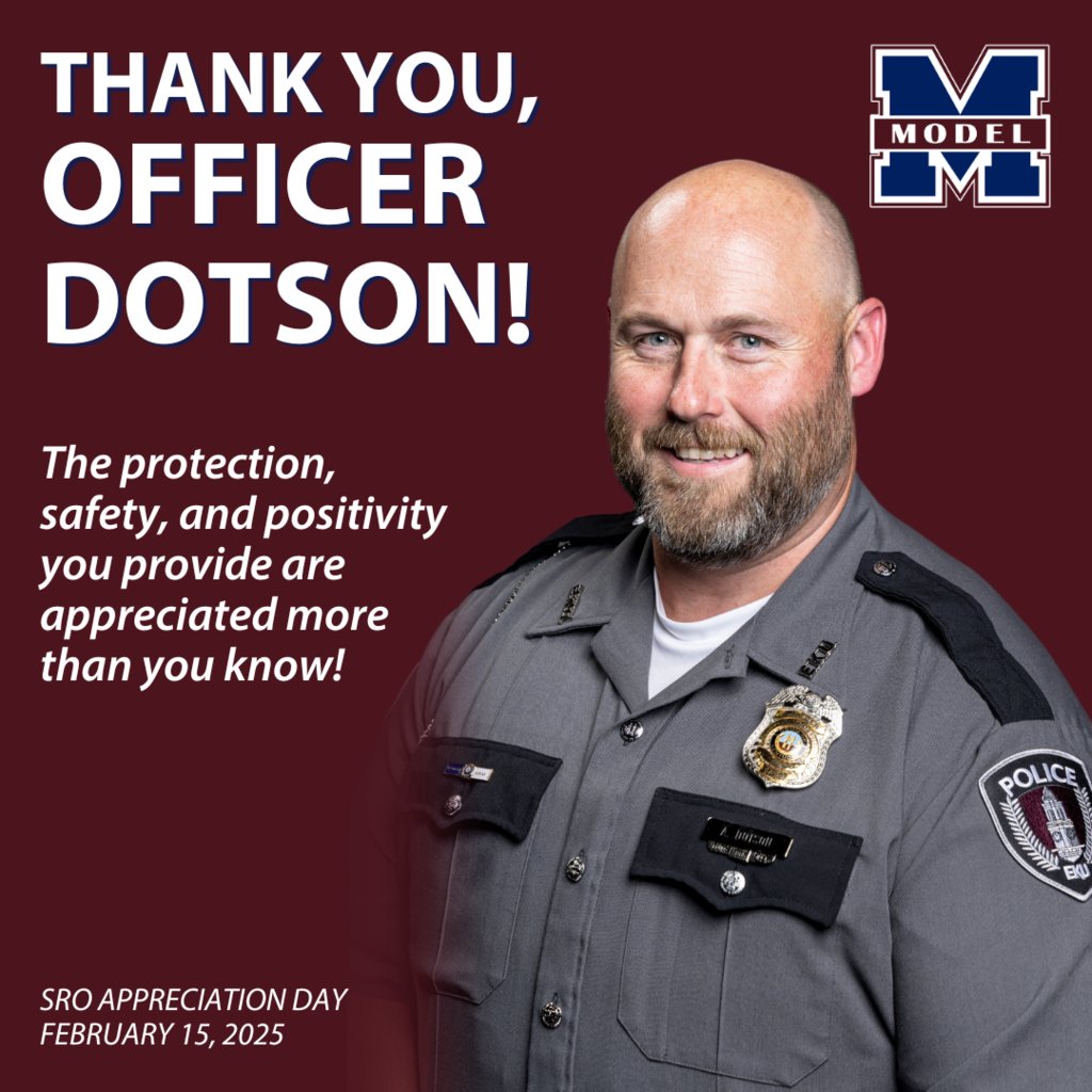 Today, on #NationalSchoolResourceOfficerAppreciationDay, we recognize Officer Dotson for his dedication to keeping Model safe! 👮‍♂️💙 Thank you for keeping our school safe, building relationships with students, and making a positive impact every day. We appreciate you!