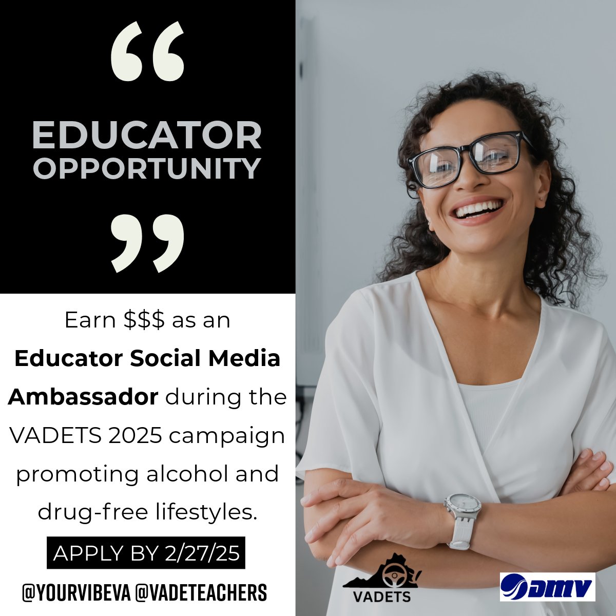 Educator Opportunity
Earn $$$ as an Educator Social Media Ambassador during the VADETS 2025 underage drinking and drugged driving prevention campaign. Apply today!
bit.ly/EAmbassadorSes…