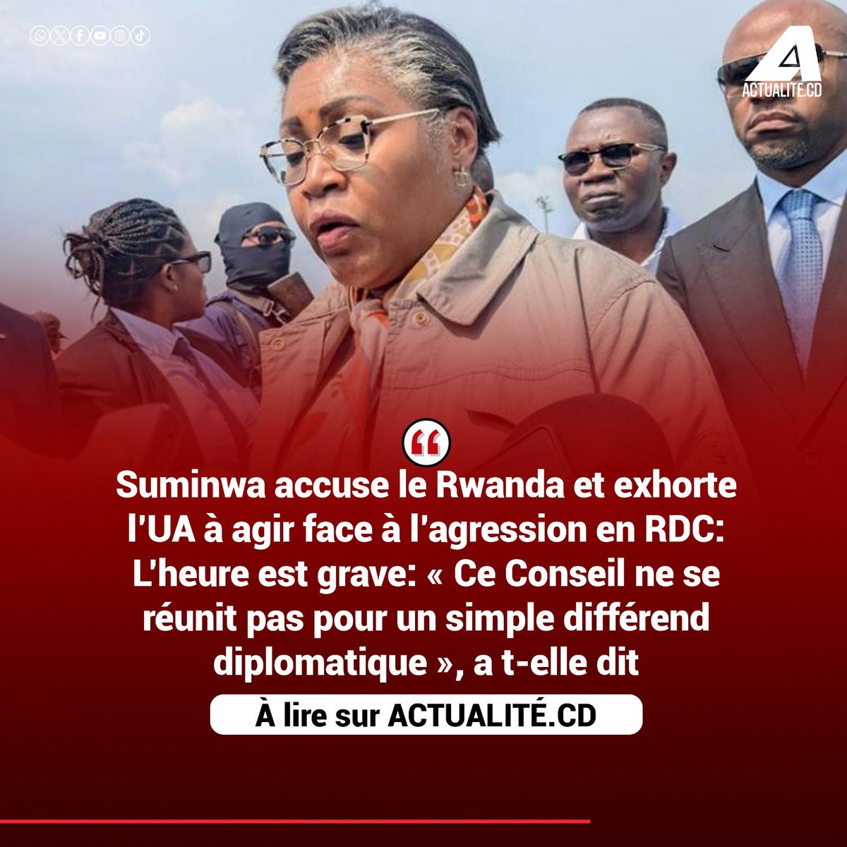 actualitecd's tweet photo. Suminwa accuse le Rwanda et exhorte l'UA à agir face à l'agression en RDC: L'heure est grave: « Ce Conseil ne se réunit pas pour un simple différend diplomatique », a t-elle dit

Restez branchés sur la chaîne Whatsapp de https://t.co/RCJPKfPnVJ sur 👉🏾 https://t.co/6OwUwKivTw https://t.co/XVeLRVsy9n