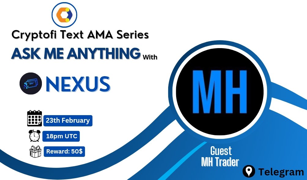 🥳 We are thrilled to announce that we'll be hosting an #TextAMA with #Nexus

🎁Prize: $50 USDT
📆Date: 23th February, 18 :00 PM (UTC)

🏠Venue: t.me/CryptoFi_Global

‼️ Follow Rules :
✔️Follow <a href="/CryptoFi_global/">CryptoFi</a> &amp; <a href="/Nexusprepaid/">Nexus</a>
✔️Join : t.me/CryptoFi_Chann…
✔️Like, RT &amp;