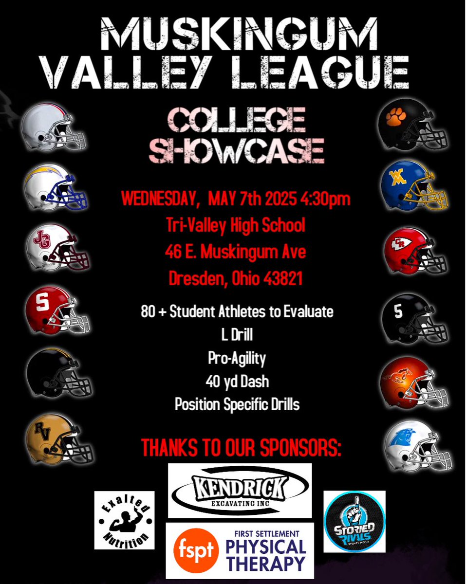 🚨College Coaches🚨

Mark your calendars! 

Wednesday, May 7th  4:30pm 

MVL College Showcase

<a href="/CoachKevinBoard/">Coach Board</a> <a href="/coachbrownrigg/">Nathan Brownrigg</a> <a href="/no_paculver/">Paul Culver III</a> <a href="/PhiloFootball1/">Philo Football</a> <a href="/Colt_Athletics/">Meadowbrook Athletics</a> <a href="/M_H_S_Panthers/">Maysville Athletics</a> <a href="/Redskins_CHS_AD/">Coshocton Athletics</a> <a href="/AthleticRv/">River View Athletics</a> <a href="/JGHSMUSKIES1/">Muskies</a> <a href="/AthleticsMorgan/">Morgan Athletics</a> <a href="/FootballCeramic/">Crooksville Football</a>