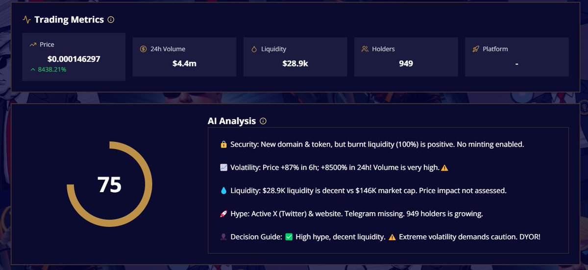 Gettrumptools's tweet photo. Now we have AI score.
Give me CA and let me help to review.๐ฅฐ
Get smarter crypto insights with our AI-powered analysis. Try it๐ https://t.co/Tk2IkZfGHN
#MMGA #TrumpTools #DeFiTools https://t.co/rip6FzN1fK